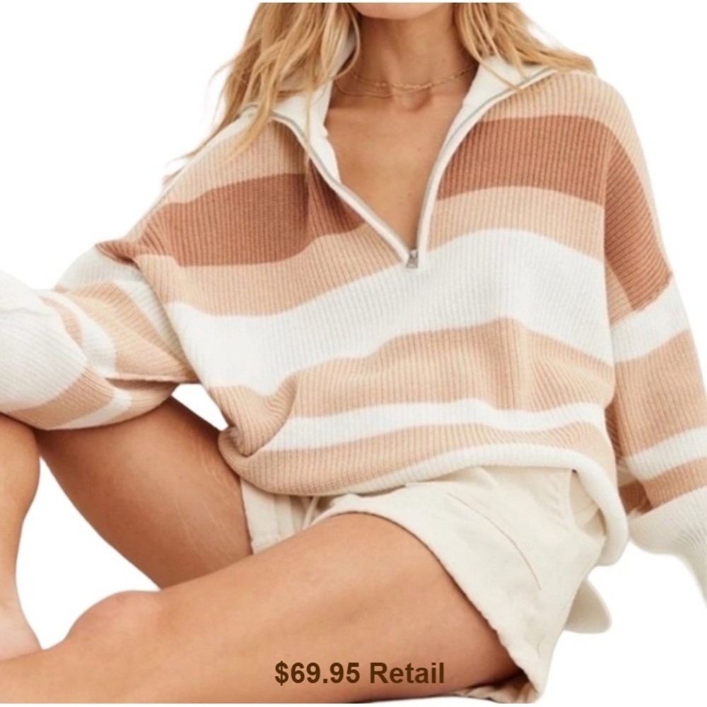 AERIE Beyond Quarter Zip Sweater Size L Cream Tan Striped knit Coastal Oversized